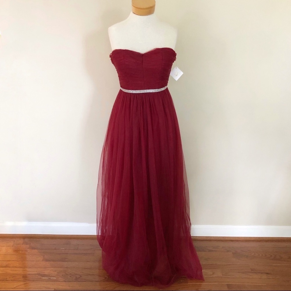Red Strapless Tulle Formal Gown Sweetheart Maxi Rhinestone Belt Prom Gala NWT S